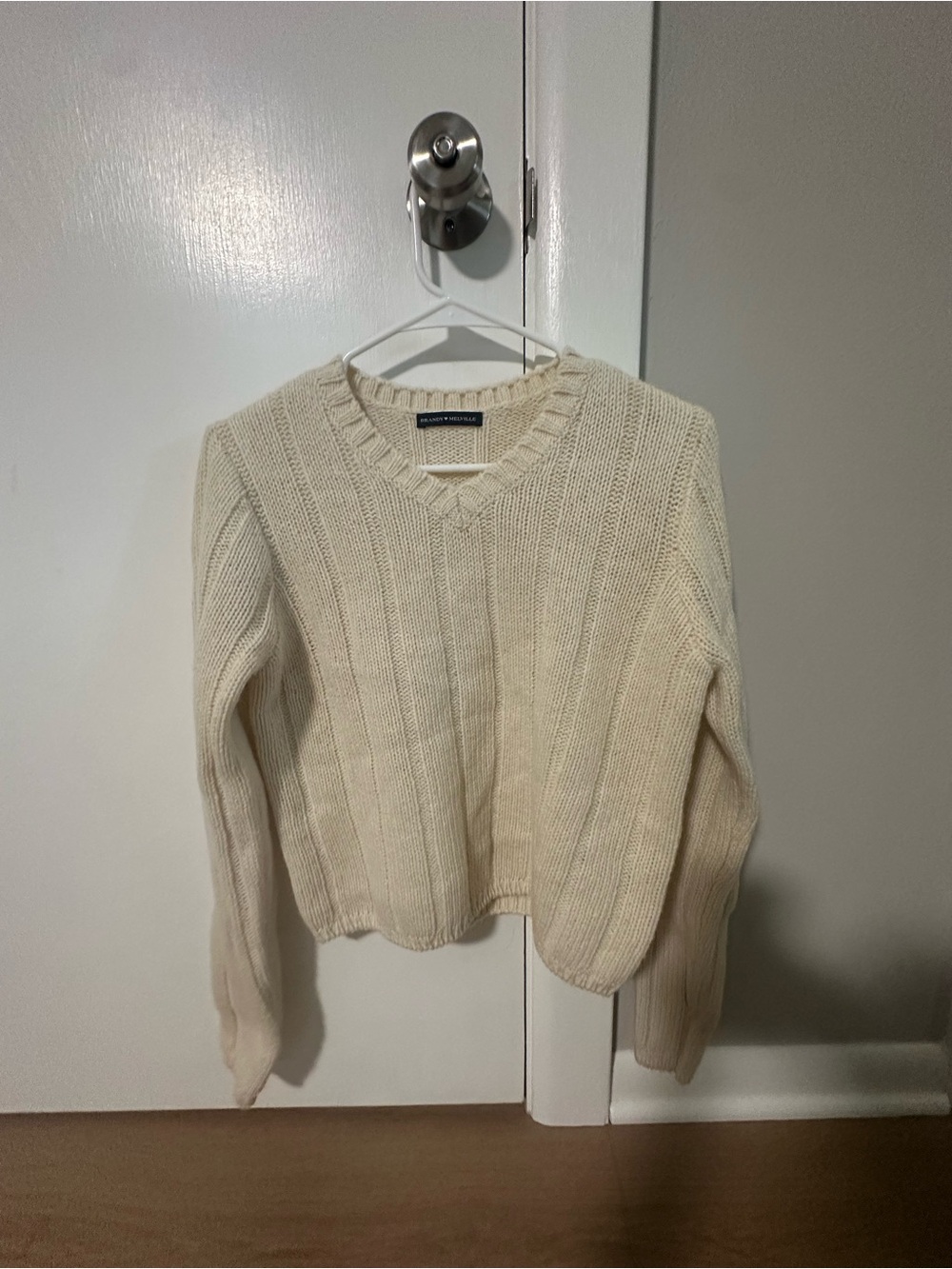 Brandy Melville Cream V-Neck Ribbed Wool Sweater